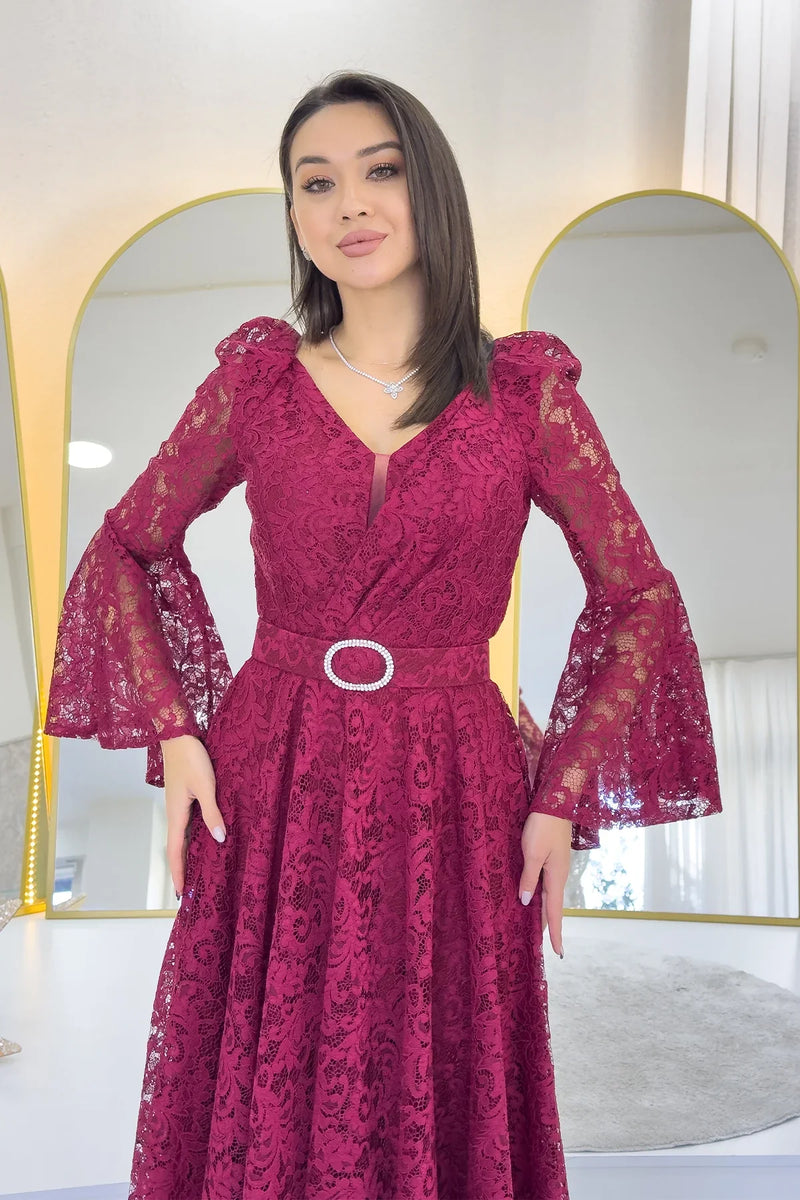 Bordo Kruvaze Yaka Kemer Detaylı Dantelli Uzun Kol Midi Boy Elbise