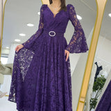 Mor Kruvaze Yaka Kemer Detaylı Dantelli Uzun Kol Midi Boy Elbise