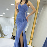 İndigo Askılı Kruvaze Yaka Drapeli Taş Detaylı Simli Abiye Elbise