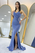 İndigo Askılı Kruvaze Yaka Drapeli Taş Detaylı Simli Abiye Elbise 