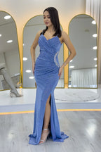 İndigo Askılı Kruvaze Yaka Drapeli Taş Detaylı Simli Abiye Elbise 