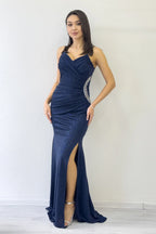 Lacivert Askılı Kruvaze Yaka Drapeli Taş Detaylı Simli Abiye Elbise 