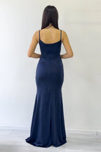 Lacivert Askılı Kruvaze Yaka Drapeli Taş Detaylı Simli Abiye Elbise 