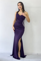 Mor Askılı Kruvaze Yaka Drapeli Taş Detaylı Simli Abiye Elbise 