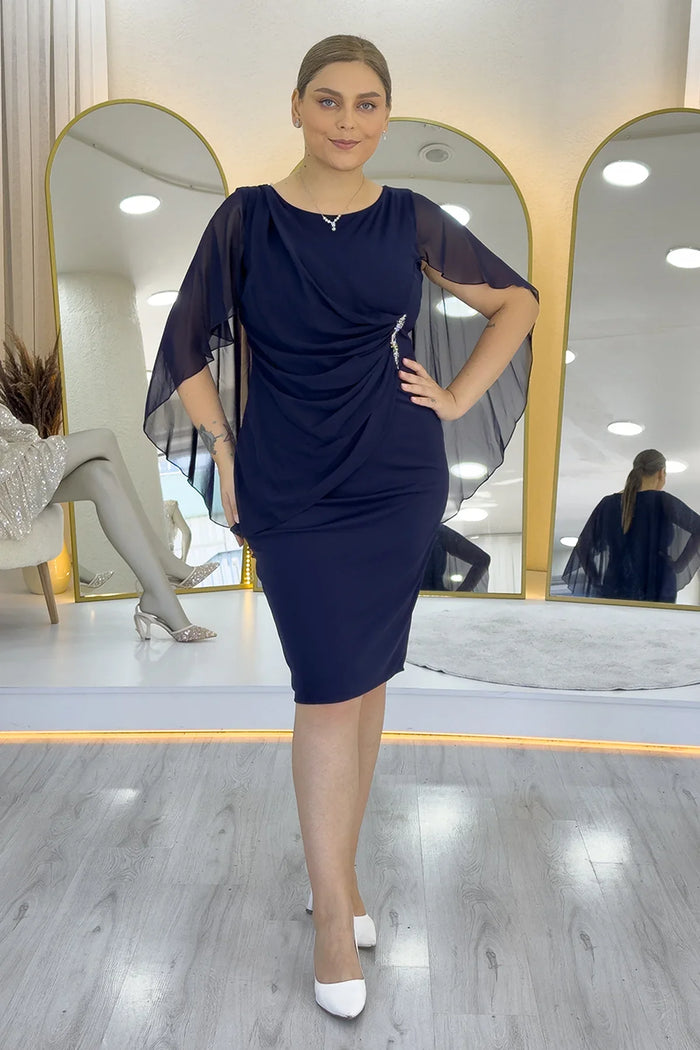 Kadın Lacivert Büyük Beden Midi Boy Şifon Pelerinli Abiye Elbise 