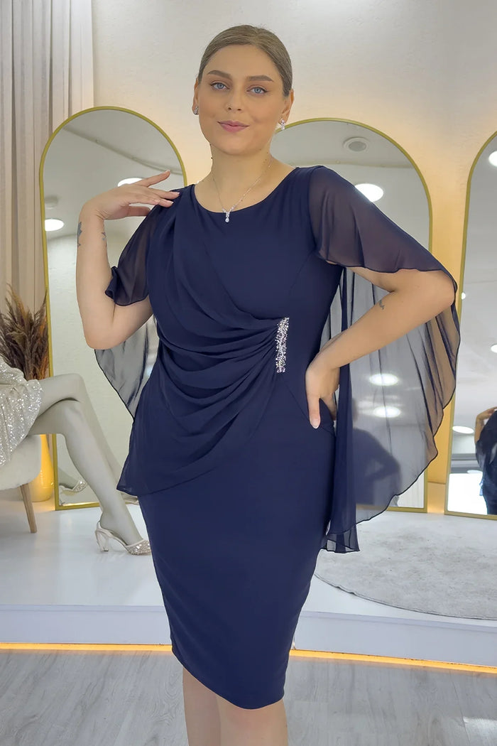 Kadın Lacivert Büyük Beden Midi Boy Şifon Pelerinli Abiye Elbise 