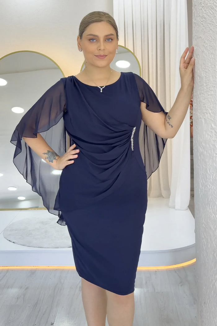Kadın Lacivert Büyük Beden Midi Boy Şifon Pelerinli Abiye Elbise 