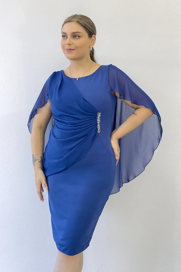 Kadın Saks Büyük Beden Midi Boy Şifon Pelerinli Abiye Elbise