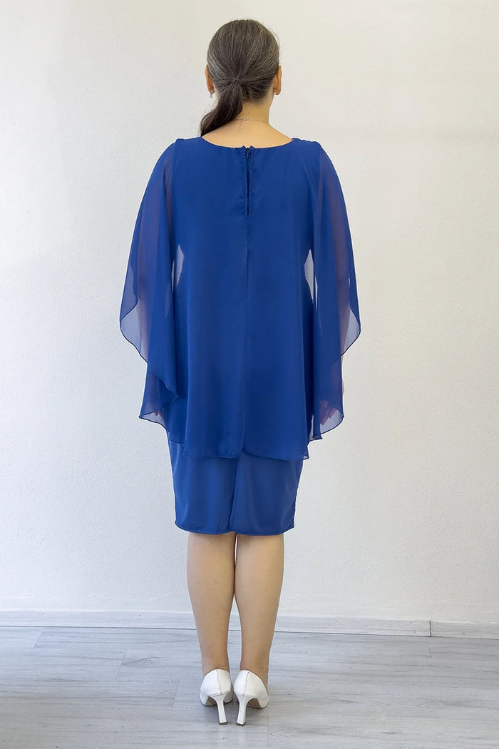 Kadın Saks Büyük Beden Midi Boy Şifon Pelerinli Abiye Elbise