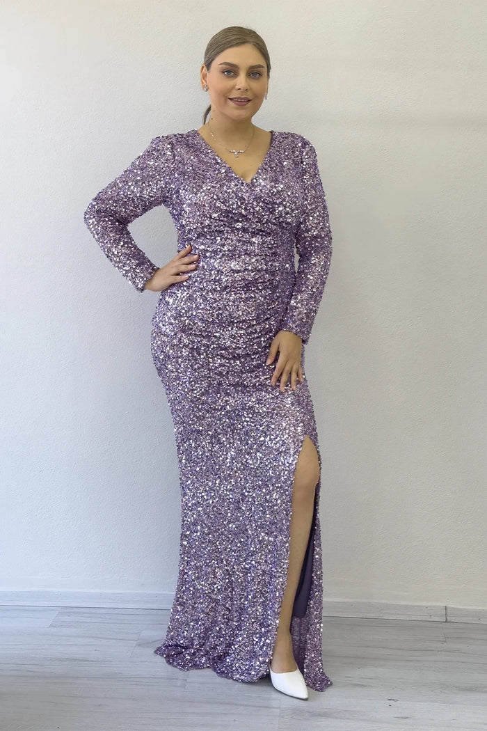 Lila Uzun Kol Pul Payet Yırtmaçlı Büyük Beden Abiye Elbise 
