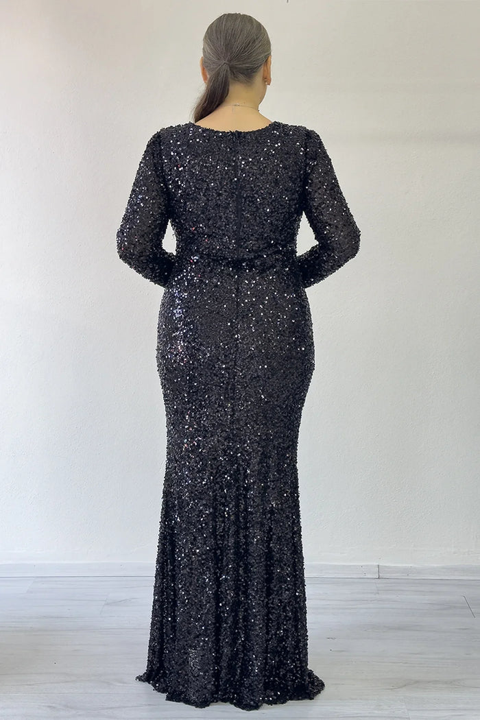 Siyah Uzun Kol Pul Payet Yırtmaçlı Büyük Beden Abiye Elbise 