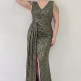 Kadın Haki Kuyruklu Pul Payet Büyük Beden Abiye Elbise