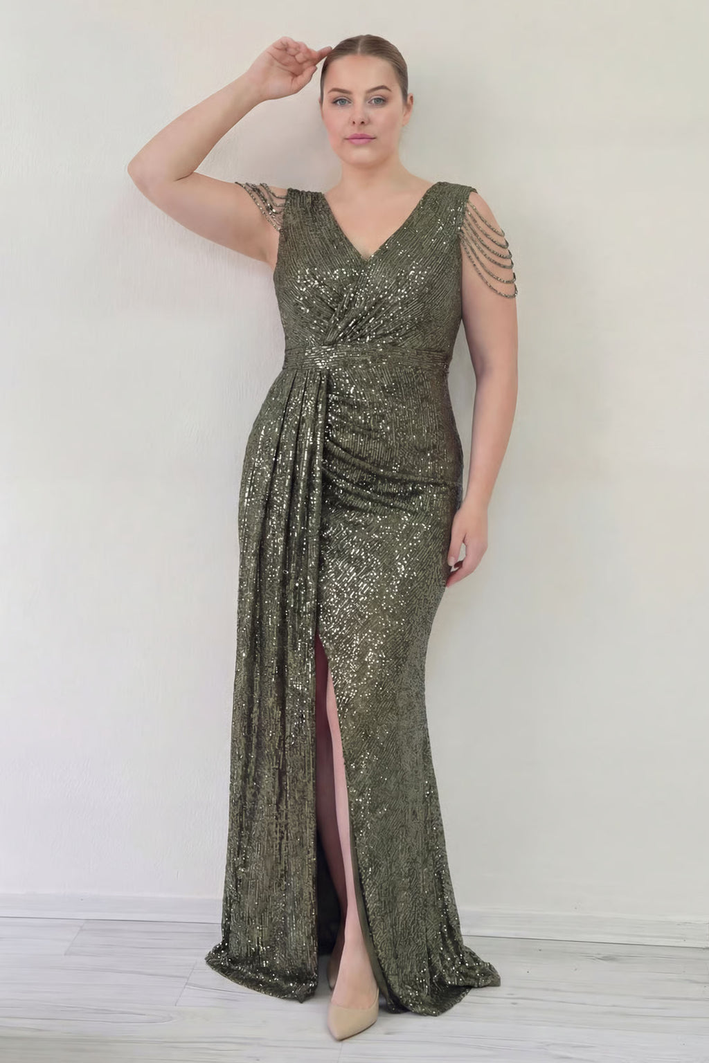 Kadın Haki Kuyruklu Pul Payet Büyük Beden Abiye Elbise