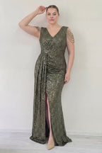 Kadın Haki Kuyruklu Pul Payet Büyük Beden Abiye Elbise