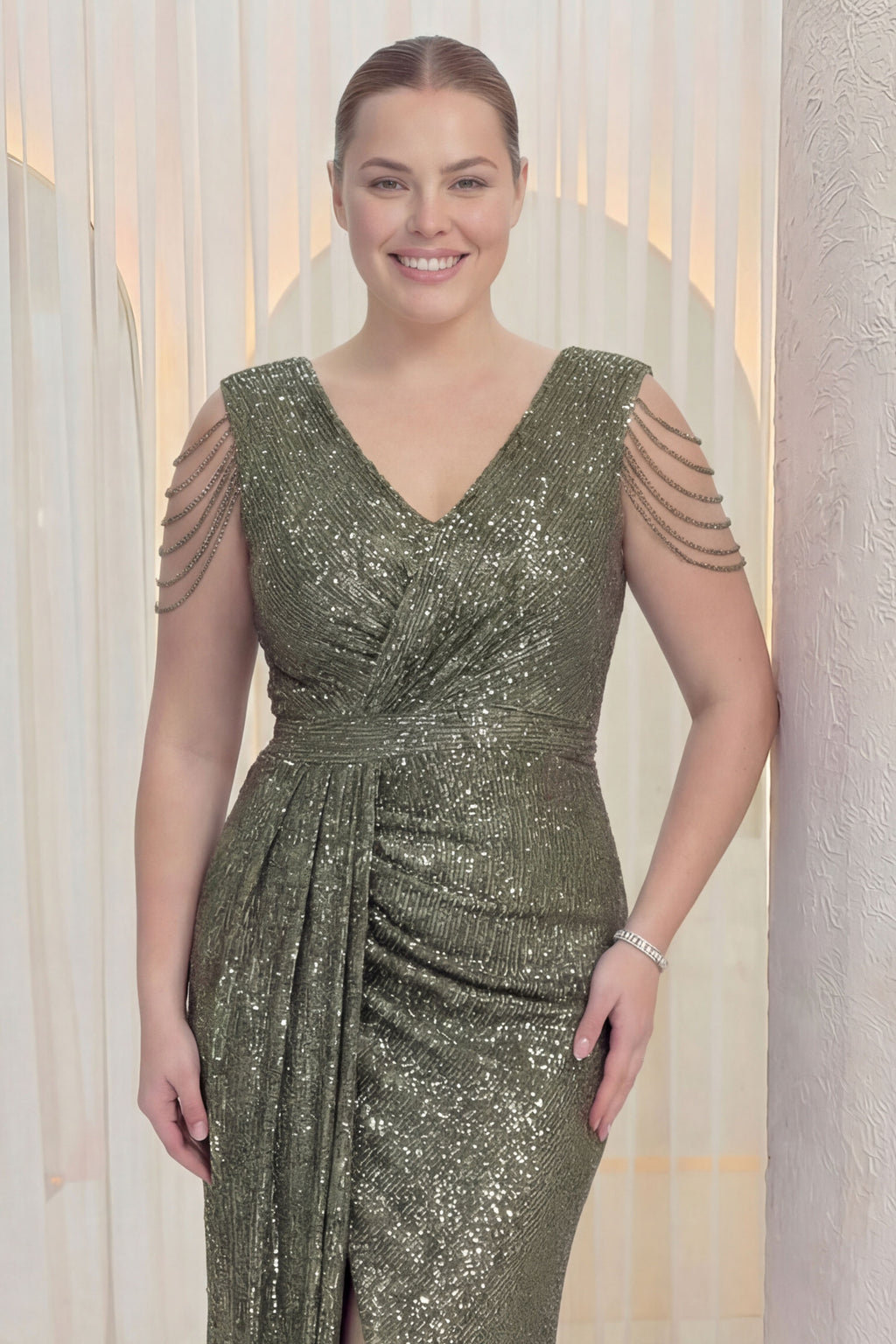 Kadın Haki Kuyruklu Pul Payet Büyük Beden Abiye Elbise