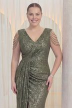 Kadın Haki Kuyruklu Pul Payet Büyük Beden Abiye Elbise