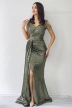 Kadın Haki Kuyruklu Pul Payet Büyük Beden Abiye Elbise