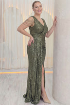 Kadın Haki Kuyruklu Pul Payet Büyük Beden Abiye Elbise