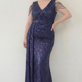 Kadın Lacivert Kuyruklu Pul Payet Büyük Beden Abiye Elbise