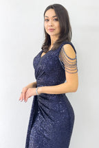 Kadın Lacivert Kuyruklu Pul Payet Büyük Beden Abiye Elbise