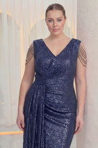 Kadın Lacivert Kuyruklu Pul Payet Büyük Beden Abiye Elbise