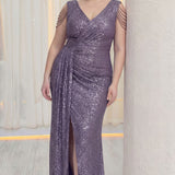 Kadın Lila Kuyruklu Pul Payet Büyük Beden Abiye Elbise