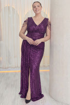 Kadın Mor Kuyruklu Pul Payet Büyük Beden Abiye Elbise