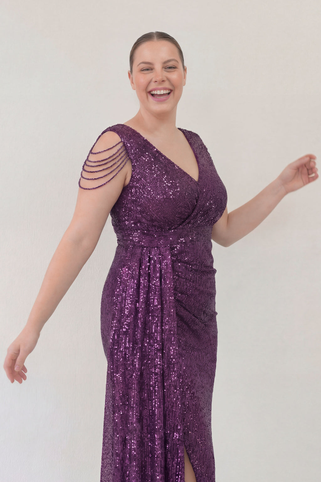 Kadın Mor Kuyruklu Pul Payet Büyük Beden Abiye Elbise