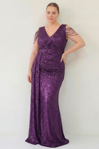 Kadın Mor Kuyruklu Pul Payet Büyük Beden Abiye Elbise