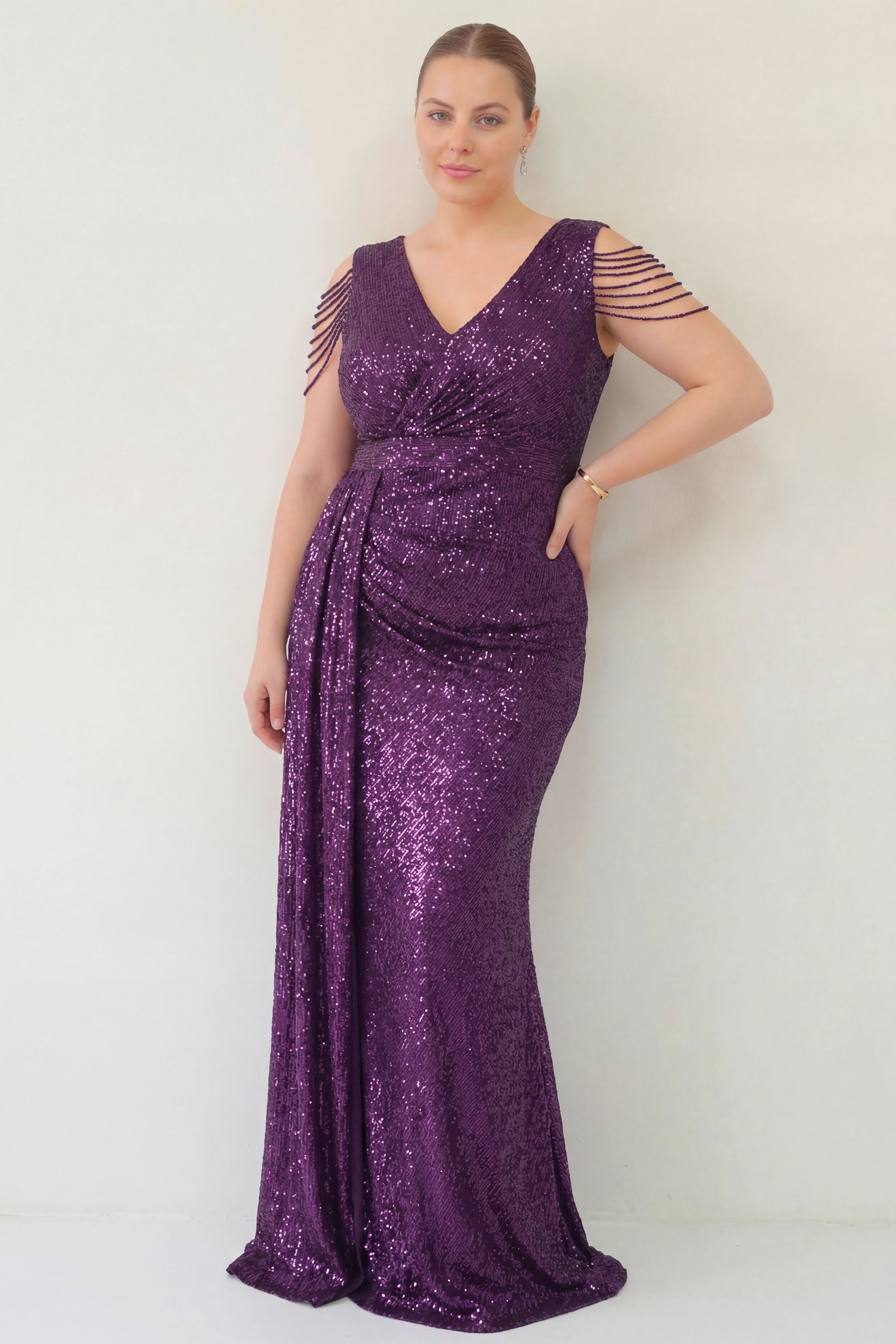 Kadın Mor Kuyruklu Pul Payet Büyük Beden Abiye Elbise