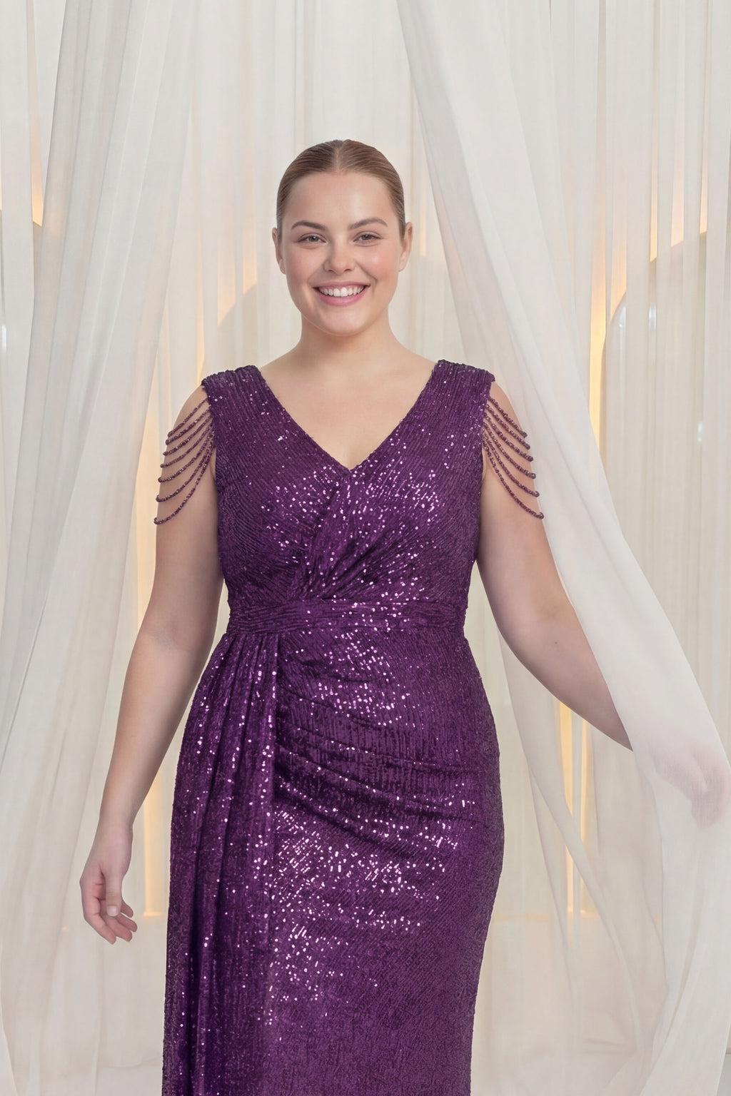 Kadın Mor Kuyruklu Pul Payet Büyük Beden Abiye Elbise