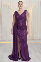 Kadın Mor Kuyruklu Pul Payet Büyük Beden Abiye Elbise