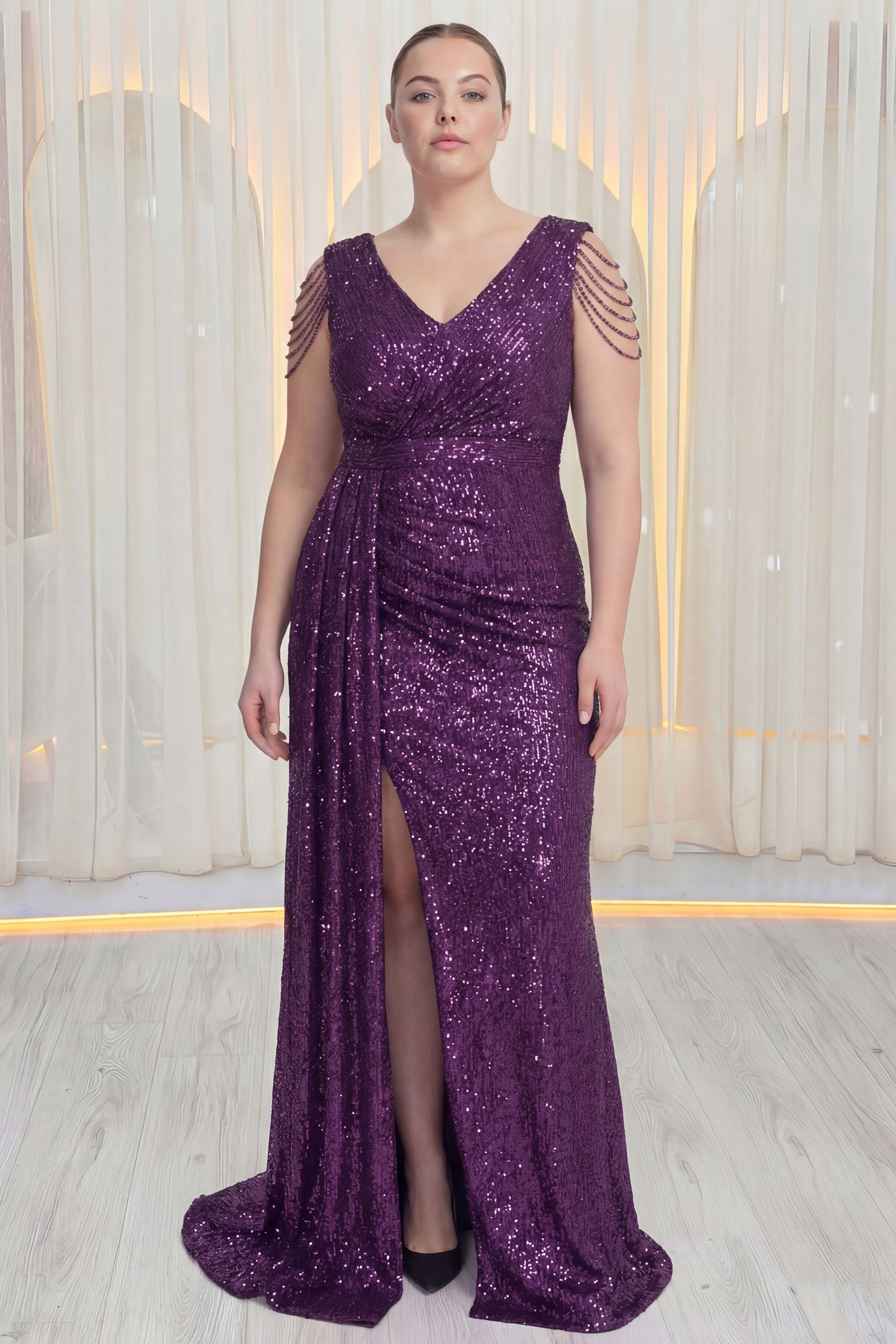 Kadın Mor Kuyruklu Pul Payet Büyük Beden Abiye Elbise