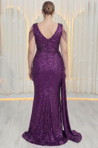 Kadın Mor Kuyruklu Pul Payet Büyük Beden Abiye Elbise