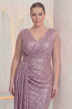 Kadın Pudra Kuyruklu Pul Payet Büyük Beden Abiye Elbise