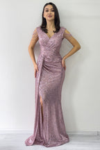 Kadın Pudra Kuyruklu Pul Payet Büyük Beden Abiye Elbise