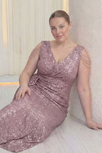 Kadın Pudra Kuyruklu Pul Payet Büyük Beden Abiye Elbise