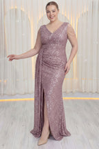 Kadın Pudra Kuyruklu Pul Payet Büyük Beden Abiye Elbise