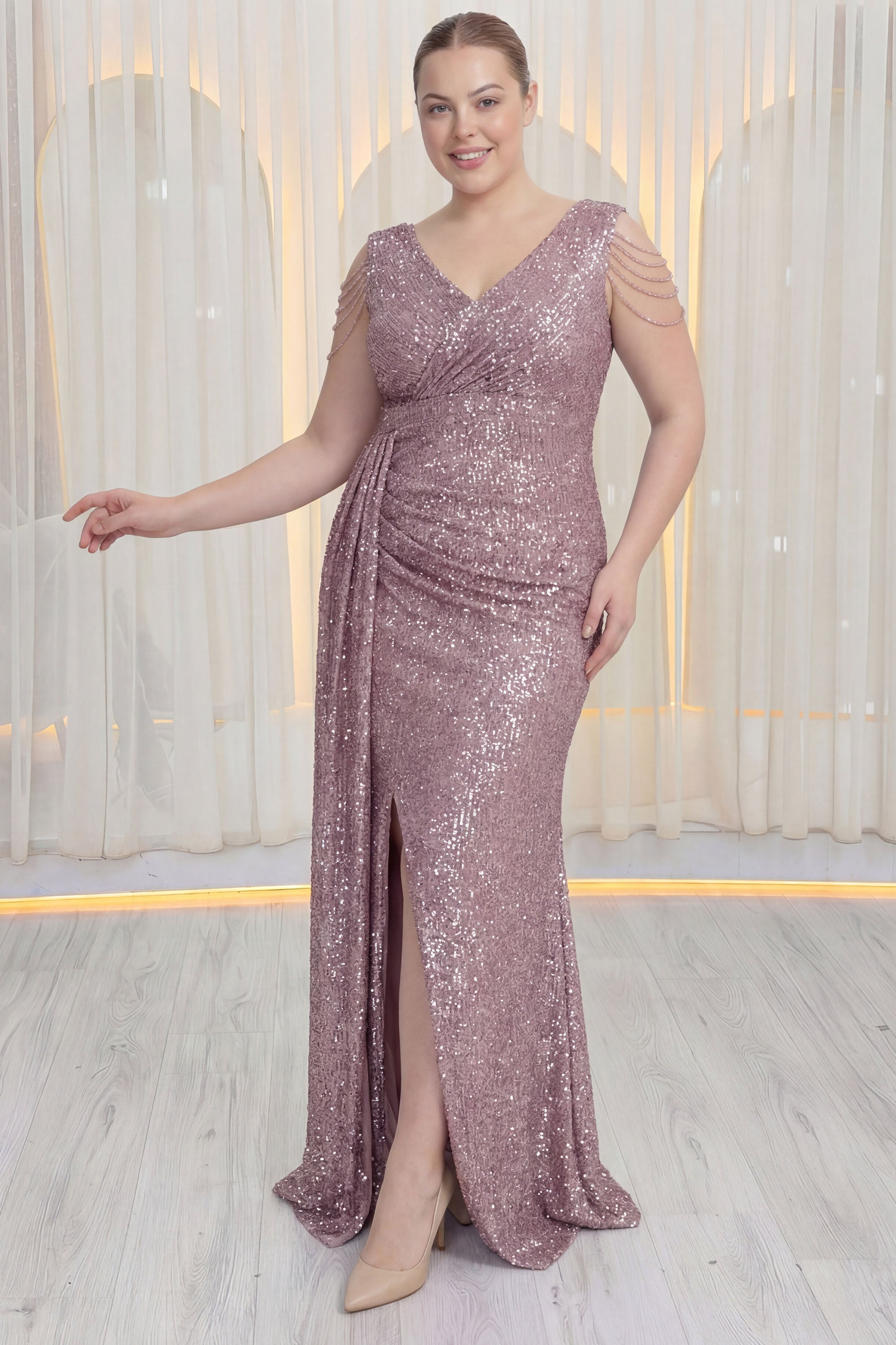 Kadın Pudra Kuyruklu Pul Payet Büyük Beden Abiye Elbise