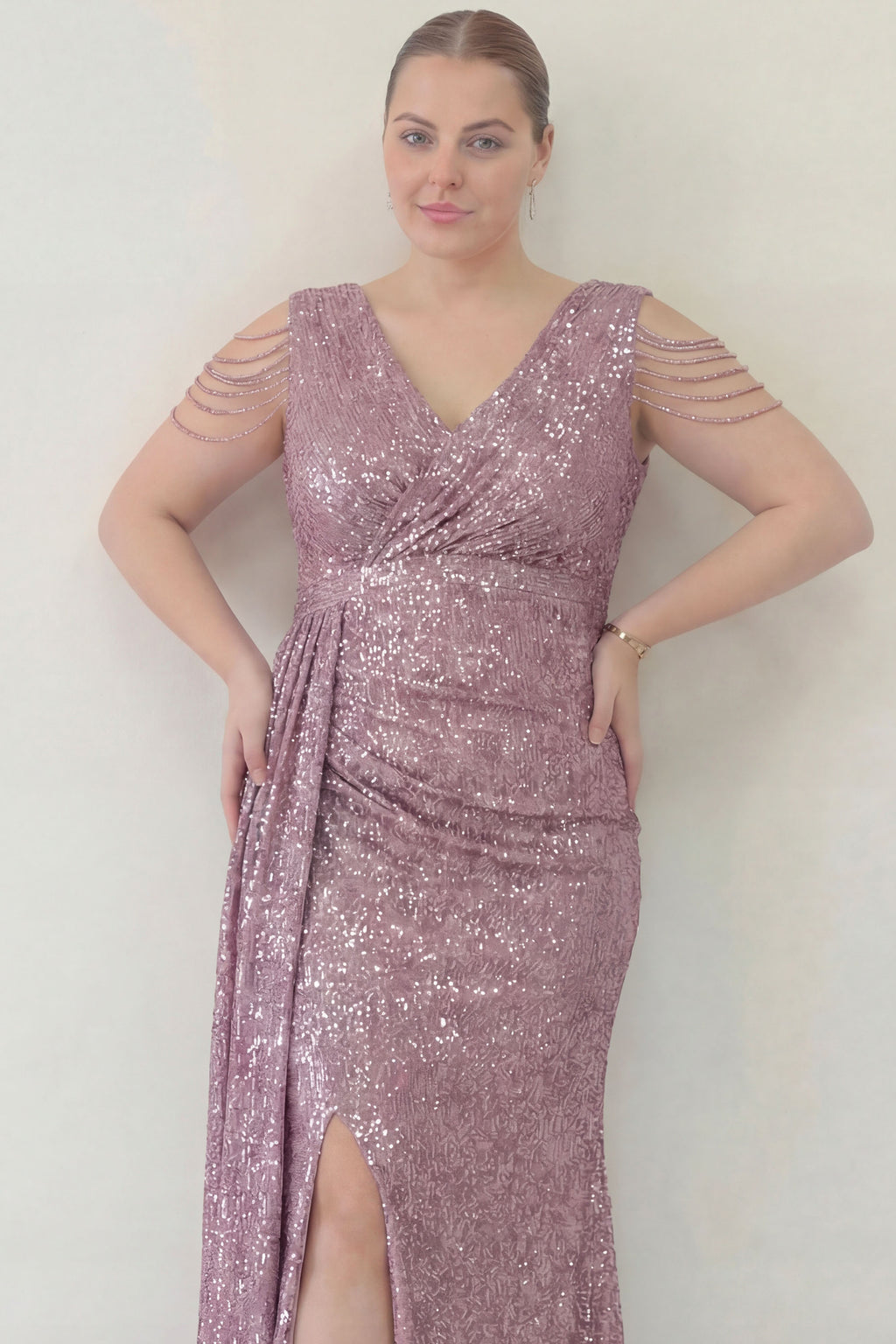 Kadın Pudra Kuyruklu Pul Payet Büyük Beden Abiye Elbise