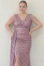 Kadın Pudra Kuyruklu Pul Payet Büyük Beden Abiye Elbise