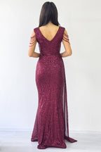 Bordo Kruvaze Yaka Omuz Detay Pul Payet Büyük Beden Abiye Elbise 