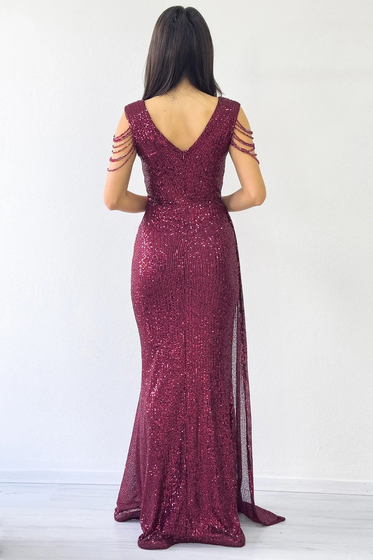 Bordo Kruvaze Yaka Omuz Detay Pul Payet Büyük Beden Abiye Elbise 