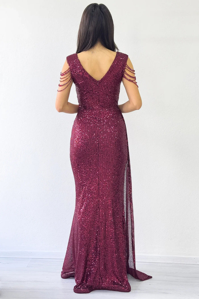 Bordo Kruvaze Yaka Omuz Detay Pul Payet Büyük Beden Abiye Elbise 