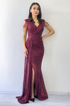 Bordo Kruvaze Yaka Omuz Detay Pul Payet Büyük Beden Abiye Elbise 