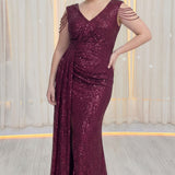 Kadın Bordo Kuyruklu Pul Payet Büyük Beden Abiye Elbise