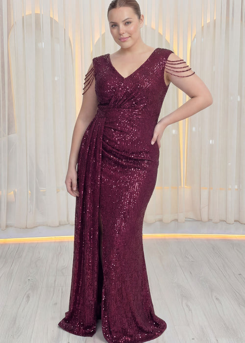 Kadın Bordo Kuyruklu Pul Payet Büyük Beden Abiye Elbise