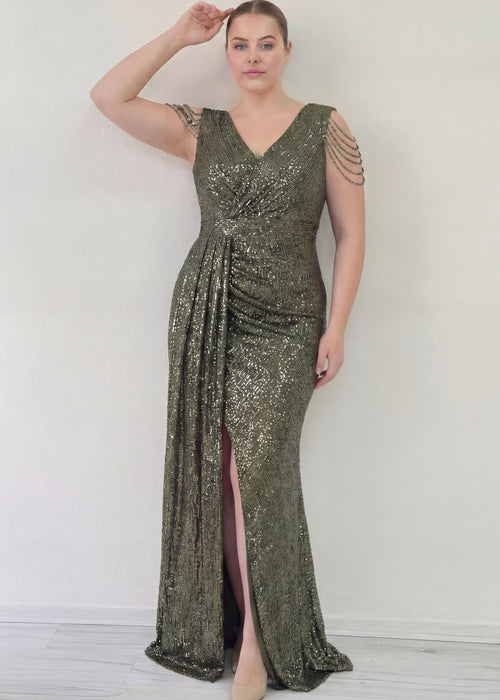 Kadın Haki Kuyruklu Pul Payet Büyük Beden Abiye Elbise