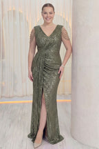 Yırtmaçlı maxi balık büyük beden kolsuz kruvaze abiye elbise haki 