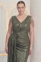 Payetli kruvaze kuyruk detaylı boncuklu kolsuz haki yeşili büyük beden uzun balık abiye elbise 